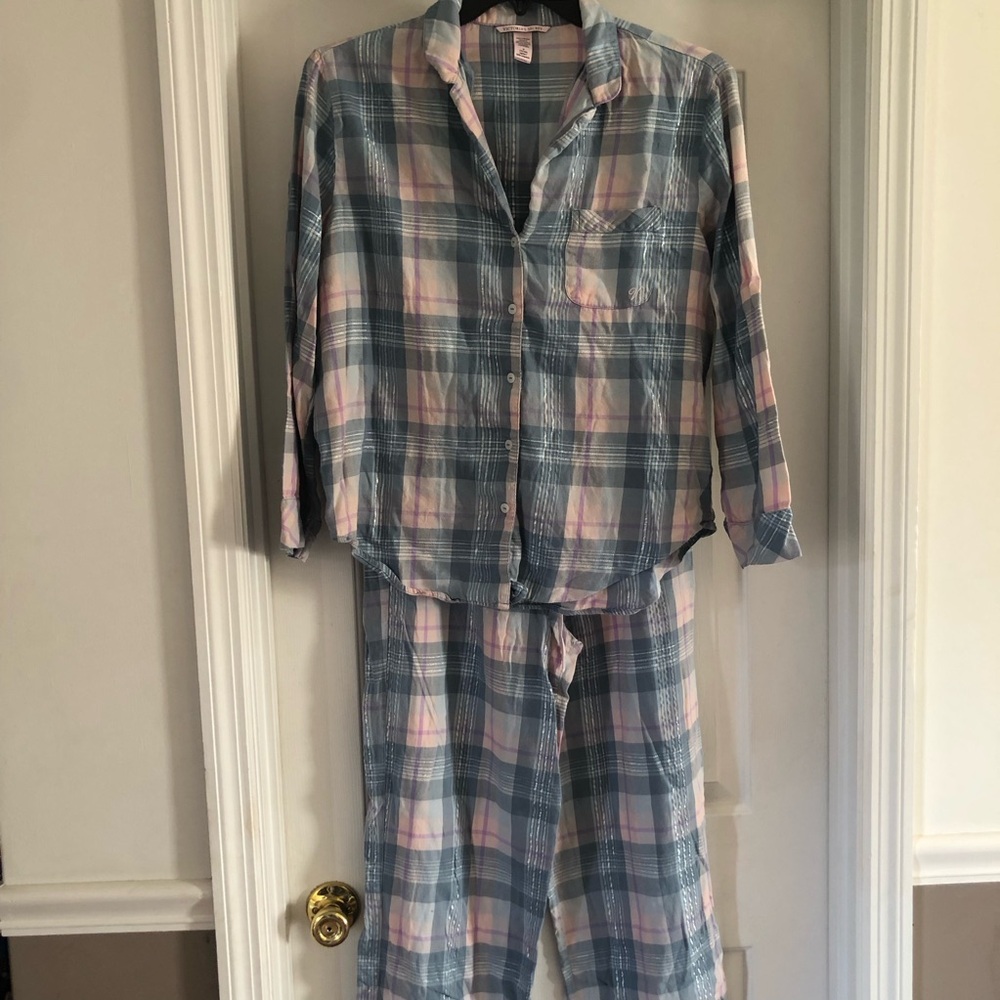 Victoria's Secret 2 Pc Flannel Long Pajama Set Cotton Modal Pastel Plaid M